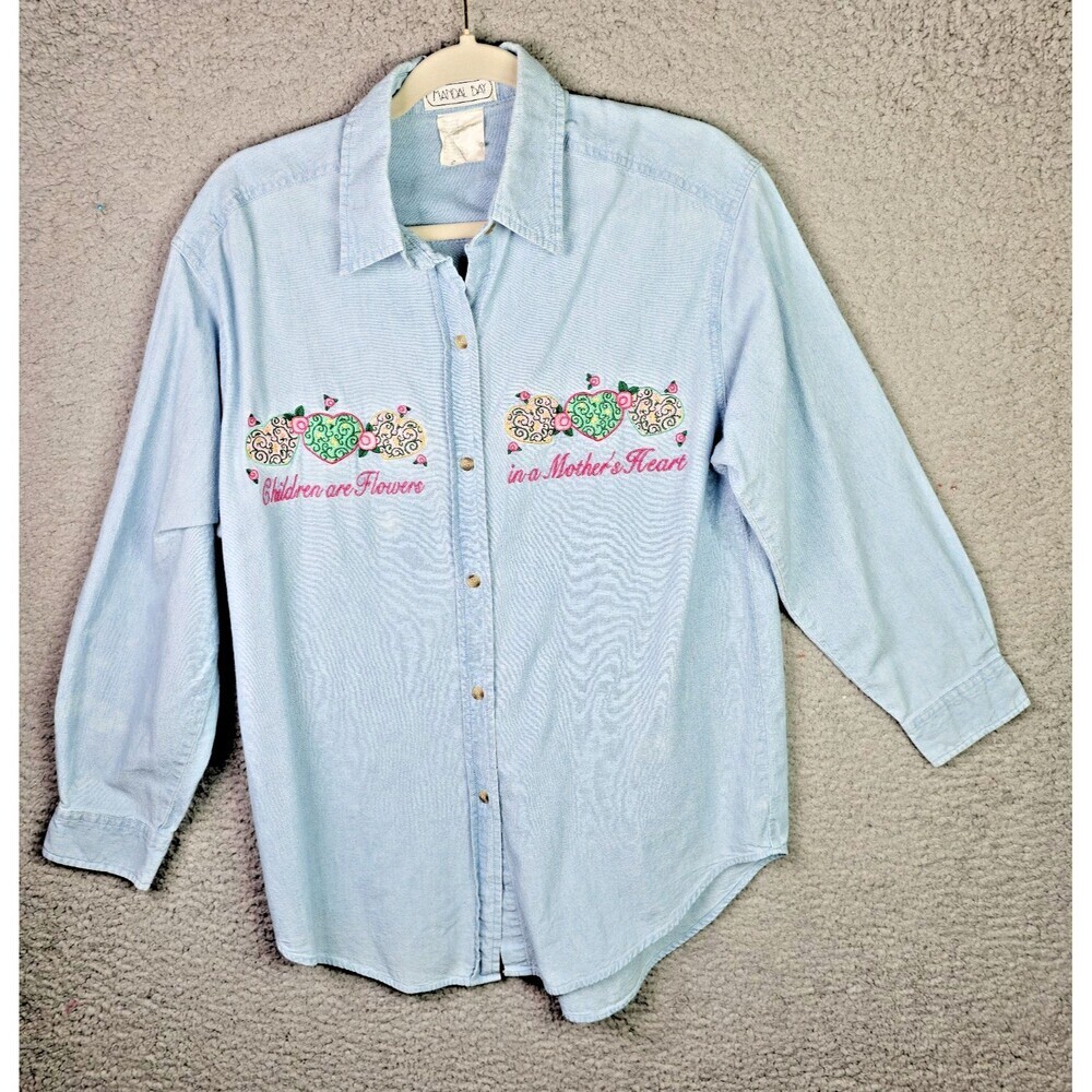 Vintage Blouse Womens  PM Blue  Chambray Embroidered Whimsy Mom Grandma Cottage